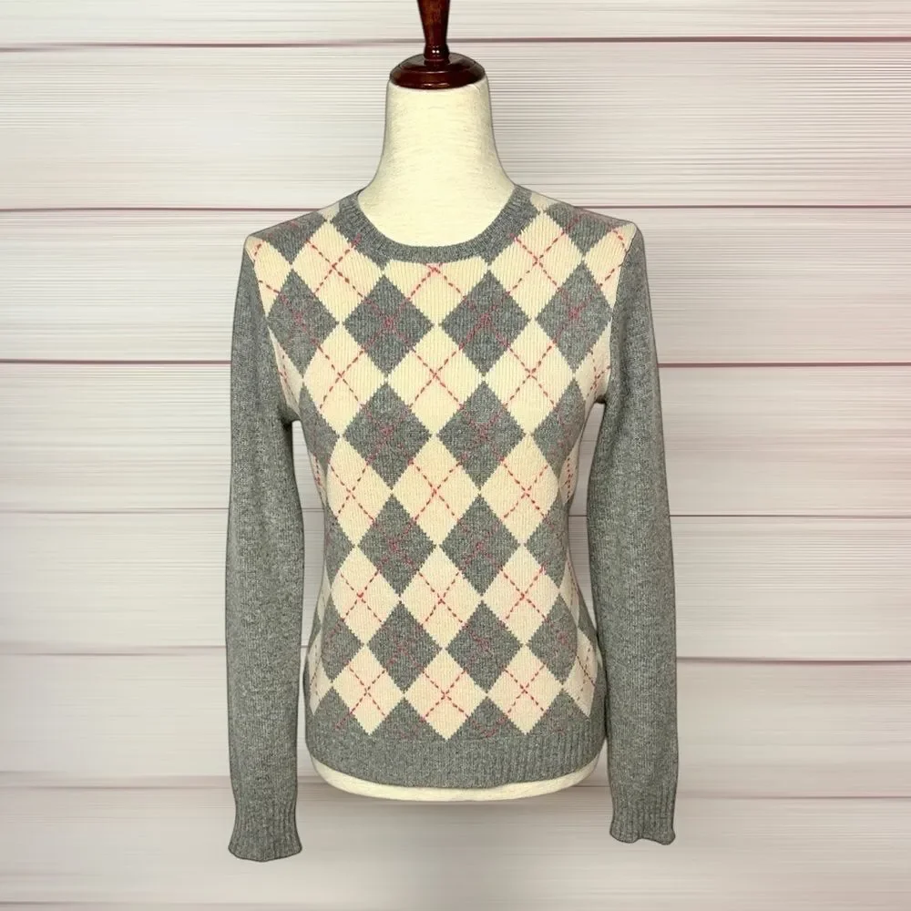 J. Crew Vintage Cashmere Argyle Sweater Gray Cream Crew Neck Classic Women's M